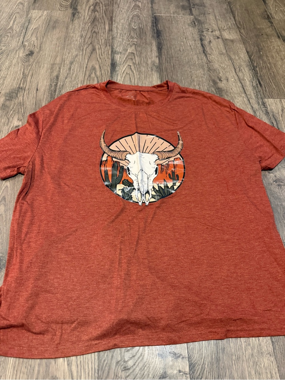 SHEIN Rust Orange Short Sleeve Tee with Desert Skull Graphic